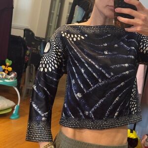 Miu Miu 100% silk boatneck wide sleeve crop top